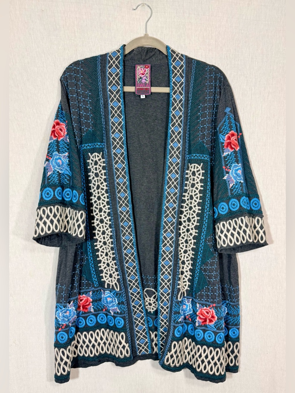 Johnny Was Los Angeles size L grey embroidered cardigan: blue and red flowers